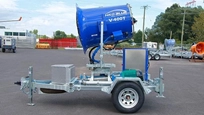New Trailer Cannon readying for work,New Trailer Cannon spraying water,New HKD Blue on jobsite working,Side of New HKD Blue Trailer Cannon